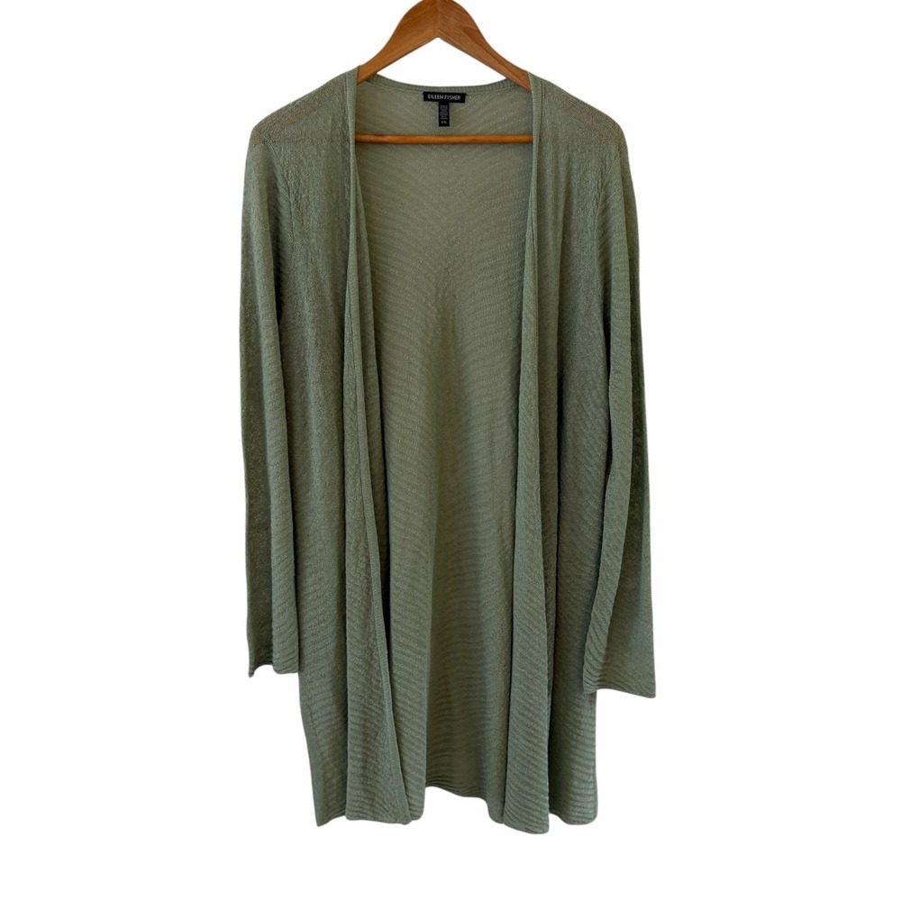 Eileen Fisher Hemp Nylon Open Front Cardigan Sweater L Green Knit Duster Minimal